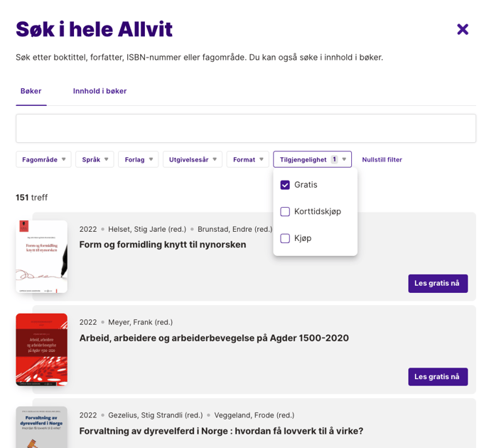 Åpent søk og filtervalg. Valg for tilgjengelighet er åpnet og valget gratis er avkrysset